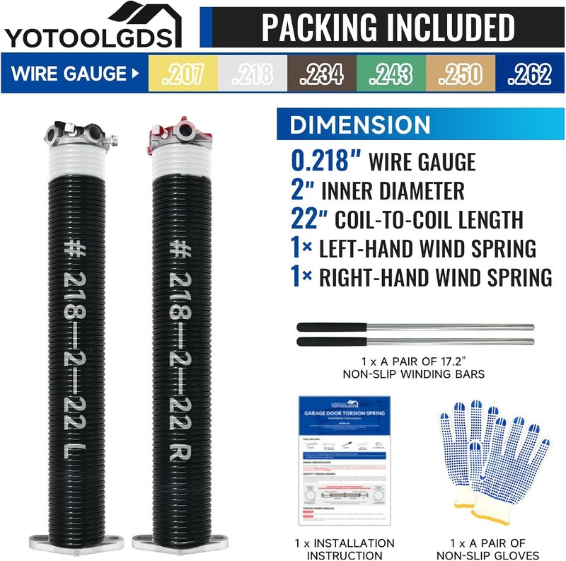 YOTOOLGDS Pair of 2" Garage Door Torsion Springs Set with Non-Slip Winding Bars & Gloves, High Precision Electrophoresis Oil-Free Black Coated for Replacement, MIN 16,000 Cycles (0.218x 2" x 22'') - Image 2